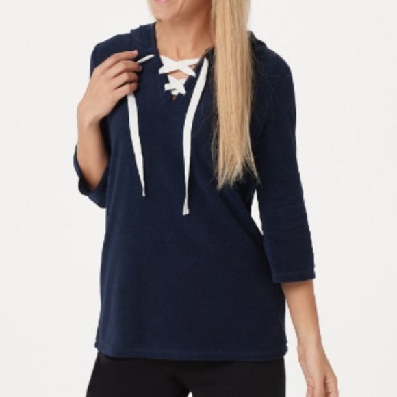 AnyBody Baby Terry Lace Up Hoodie Top Navy Shirt - Picture 2 of 8